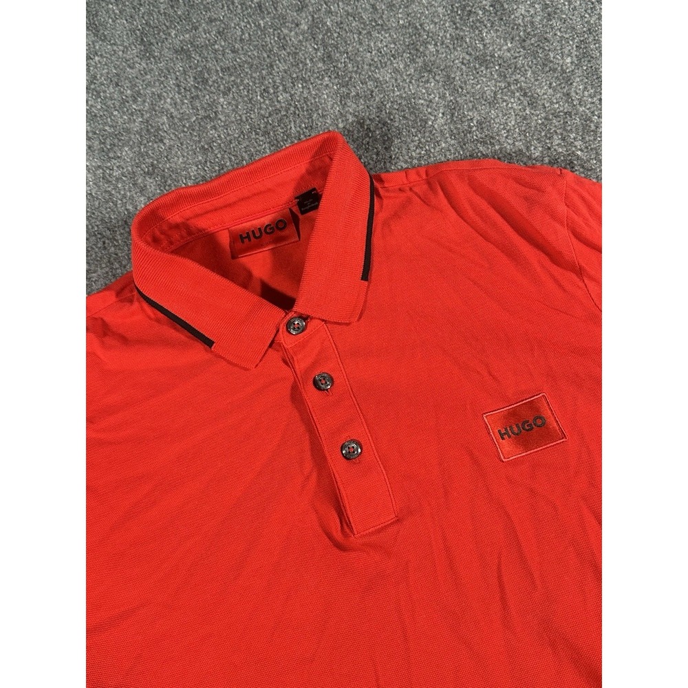 Hugo Boss Mens M Red Slim Fit Box Logo Pique Cotton Polo Shirt Preppy EUC
